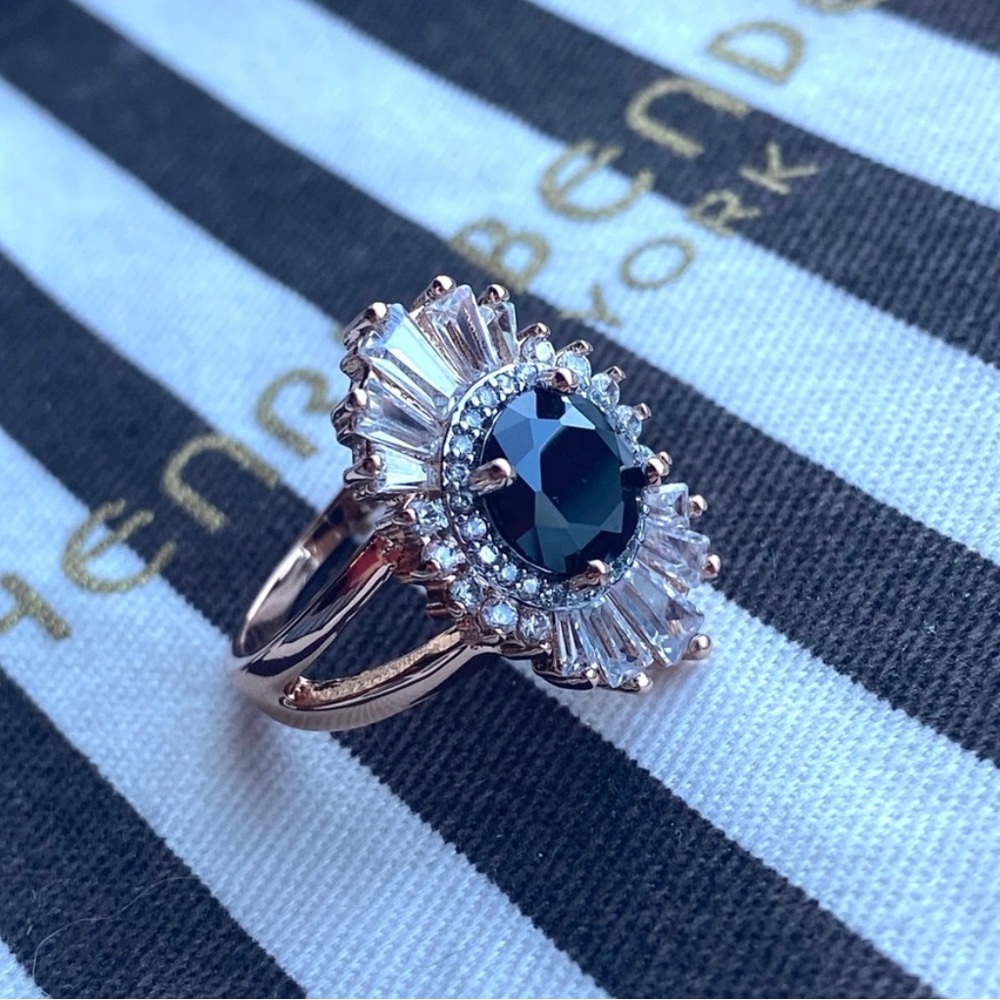 NWOT Henri Bendel Rose Gold Tone Deco Halo Black Stone Cocktail Ring - Size 7